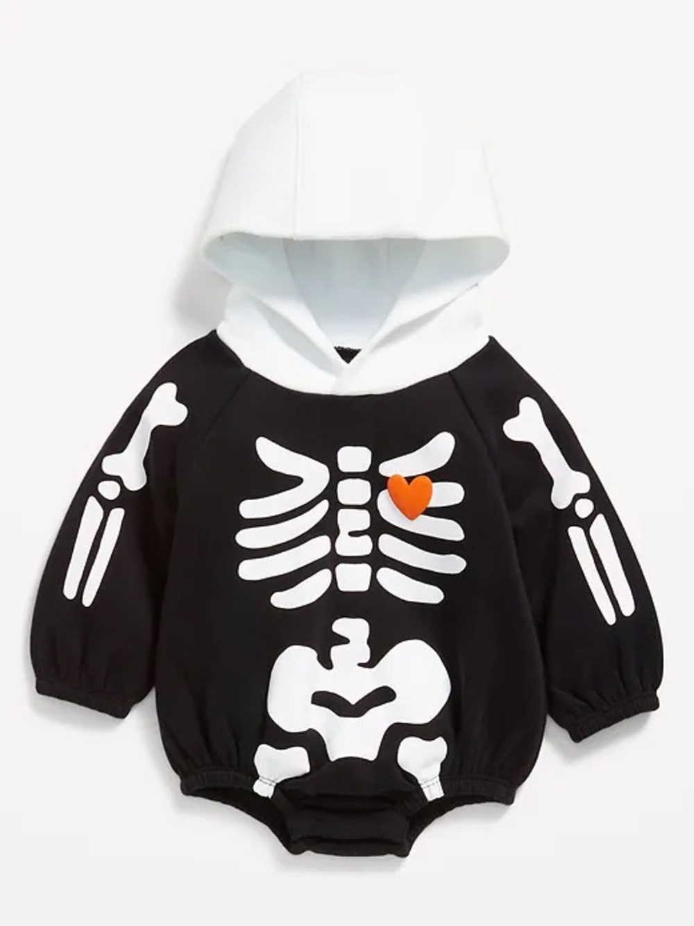 Old Navy Black and White Skeleton Hoodie Romper with Orange Heart